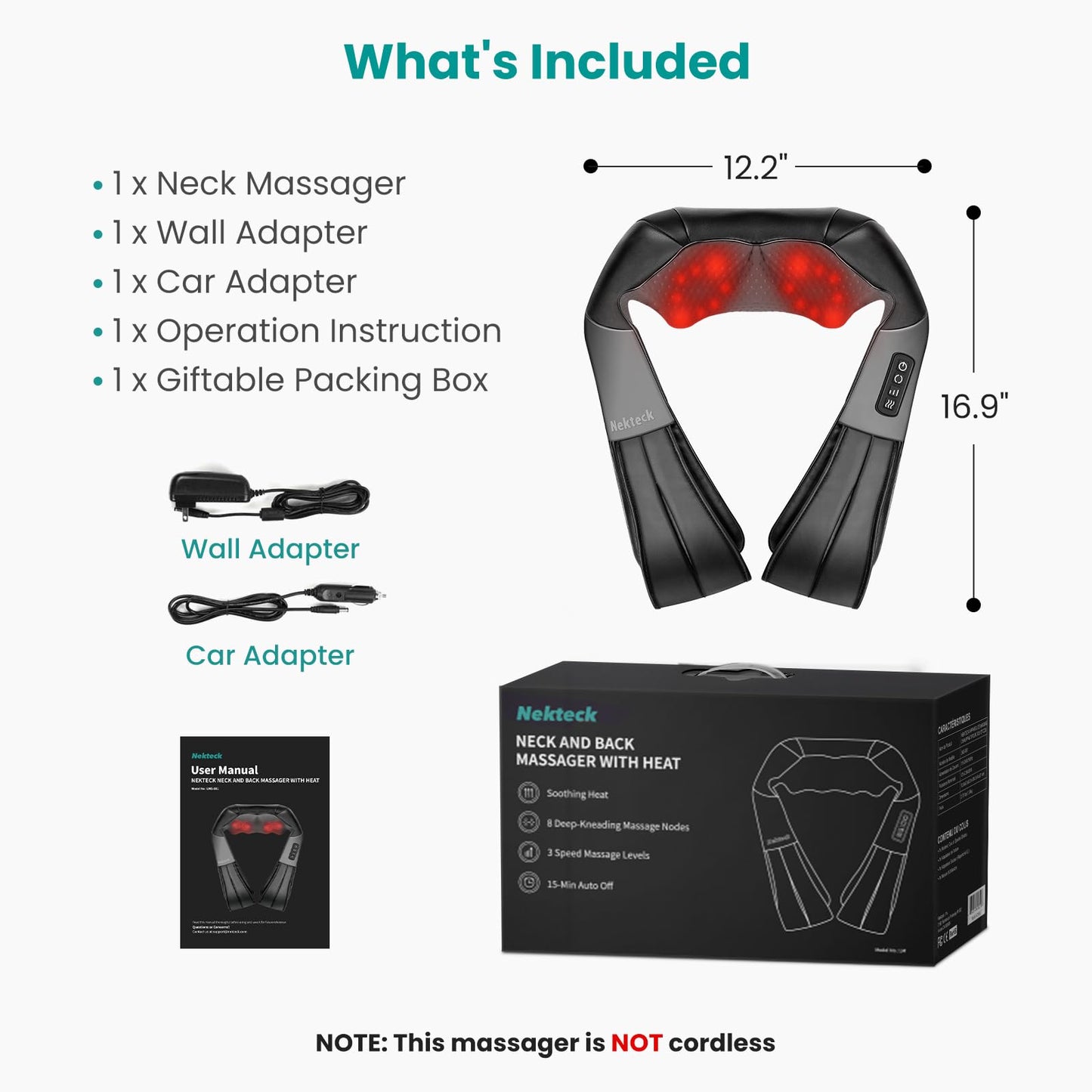 Nekteck Shiatsu Back Neck Massager,2026 Upgraded 3D Back Shoulder Kneading Massage Pillow, Deep Kneading Shoulder Massager with Heat, Waist Massage Pillow for Home Car and Office Use (NOT Cordless) - Available at All In One Marketplace Canada
