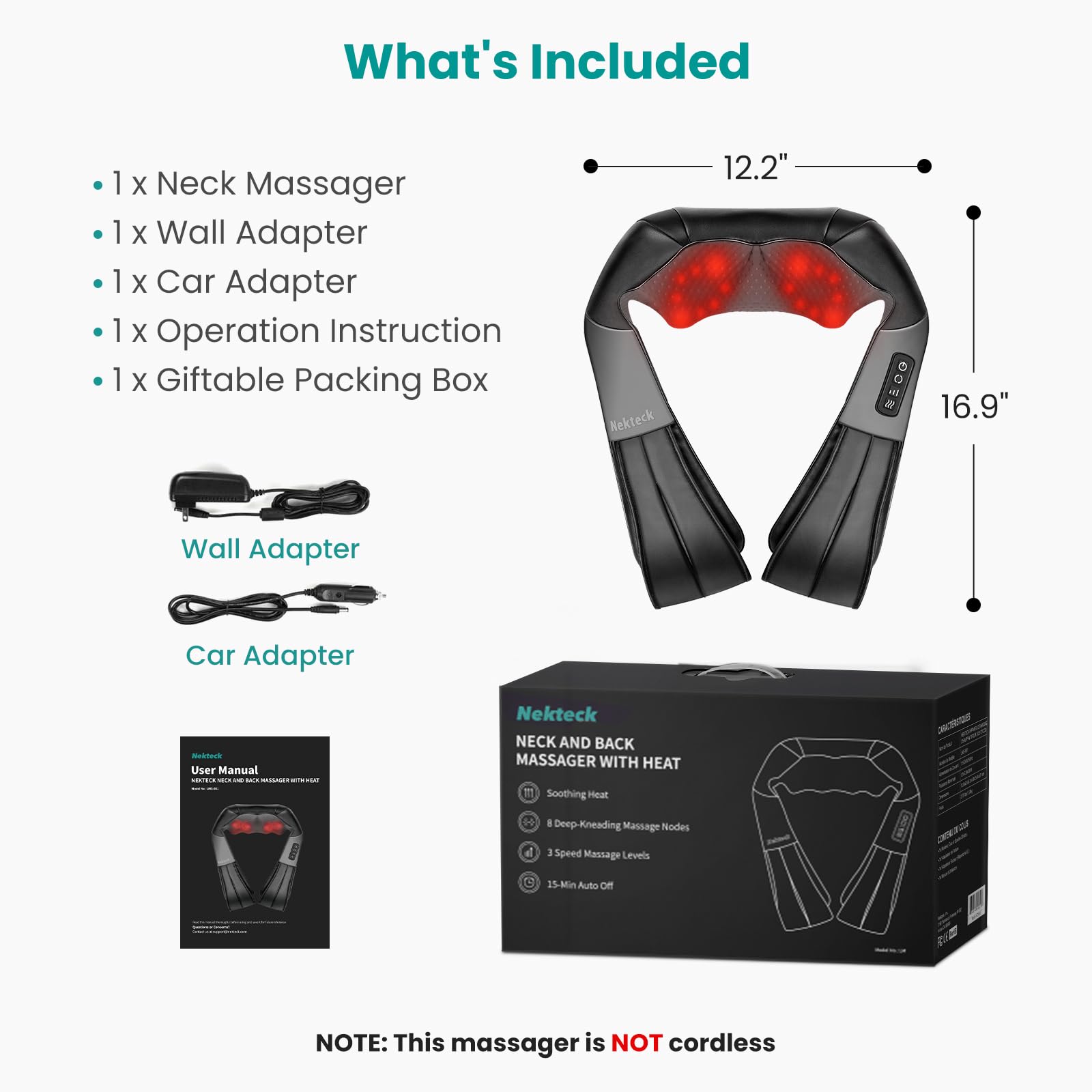 Nekteck Shiatsu Back Neck Massager,2026 Upgraded 3D Back Shoulder Kneading Massage Pillow, Deep Kneading Shoulder Massager with Heat, Waist Massage Pillow for Home Car and Office Use (NOT Cordless) - Available at All In One Marketplace Canada
