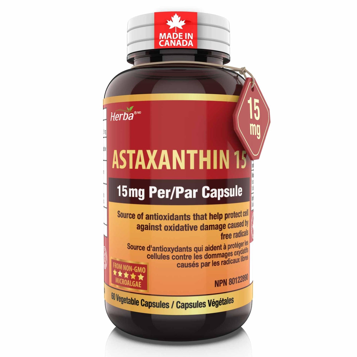Herba Astaxanthin Supplement 15mg – 60 Vegan Capsules | Made with Non-GMO Micro-algae | Source of Antioxidant | Made and Third Party Tested in Canada - Available at All In One Marketplace Canada