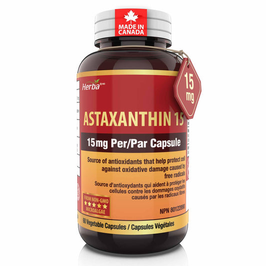 Herba Astaxanthin Supplement 15mg – 60 Vegan Capsules | Made with Non-GMO Micro-algae | Source of Antioxidant | Made and Third Party Tested in Canada - Available at All In One Marketplace Canada