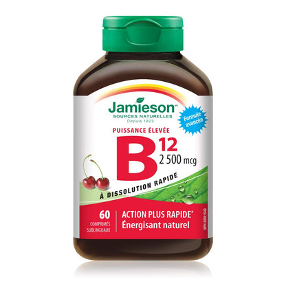 Jamieson Vitamin B12 2,500 mcg Fast Dissolve, 60 Sublingual Tablets, Natural Cherry Flavour. Methylcobalamin, Supports Energy Production and Metabolism. Vegetarian, Proudly Canadian - Available at All In One Marketplace Canada