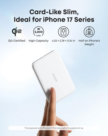 Anker Nano Power Bank, Ultra-Slim 5,000mAh Magnetic Battery Pack, Qi2 Certified 15W Max Ultra-Fast MagSafe-Compatible Portable Charger, Ergonomic Design, for iPhone 17/16/15/14/13/12 Series Only