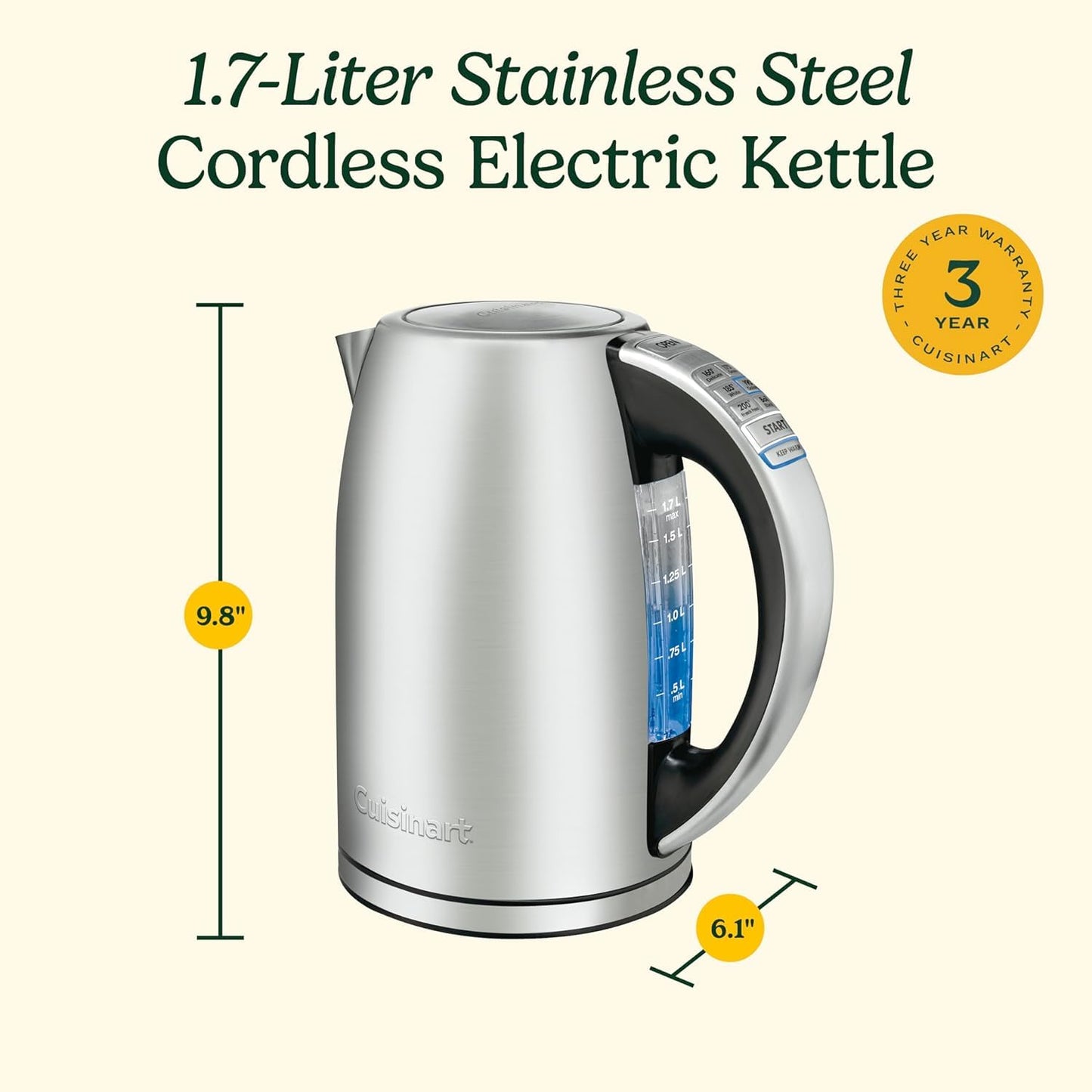 Cuisinart PerfecTemp 1.7L Cordless Electric Tea Kettle, 1500W Fast Heat-Up, 6 Preset Temperatures, 30-Min Keep Warm, Stay-Cool Nonslip Handle, Brushed Stainless Steel (CPK-17C) - Available at All In One Marketplace Canada