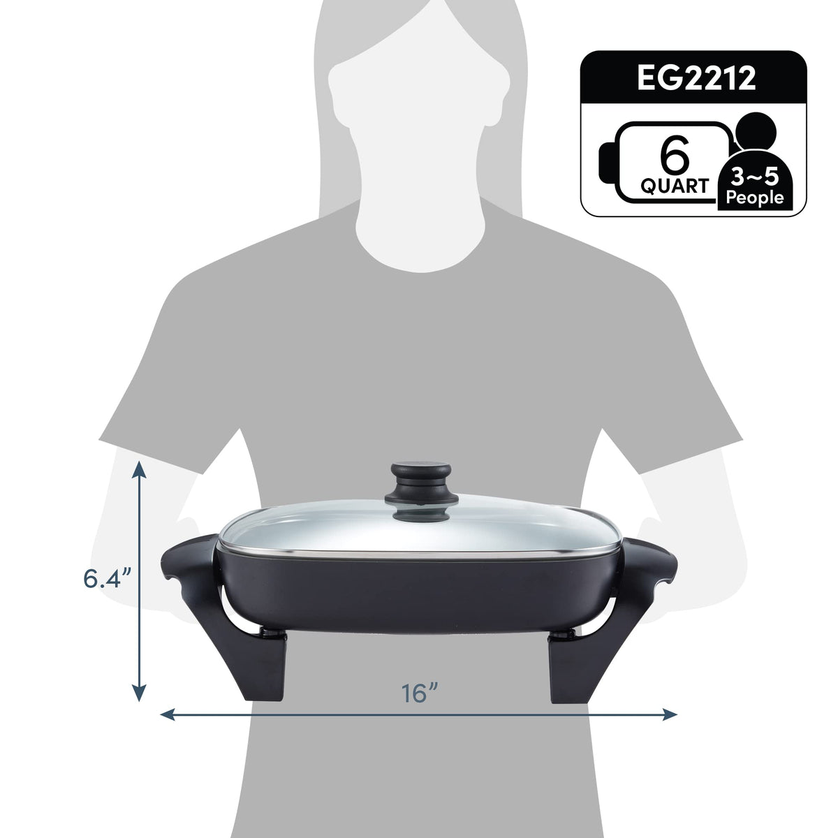 Elite Gourmet 12"x12"x2.15” Ceralast PFAS Free Ceramic Electric Skillet, Dishwasher Safe, Rapid Heat Up, 1200W, Dark Grey