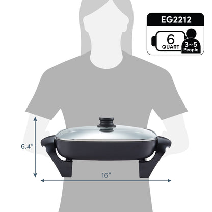 Elite Gourmet 12"x12"x2.15” Ceralast PFAS Free Ceramic Electric Skillet, Dishwasher Safe, Rapid Heat Up, 1200W, Dark Grey