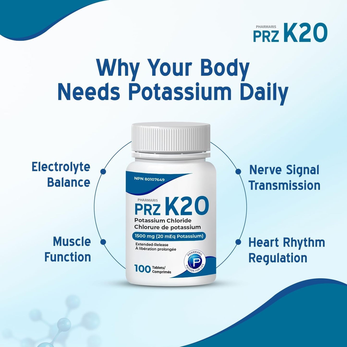 Pharmaris K-20 Potassium Chloride 1500mg Extended Release Tablets, Provides 20 mEq Potassium, Electrolyte Replenisher for Hypokalemia Treatment, Daily Use Supplement, 100 Tablets - Available at All In One Marketplace Canada