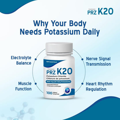 Pharmaris K-20 Potassium Chloride 1500mg Extended Release Tablets, Provides 20 mEq Potassium, Electrolyte Replenisher for Hypokalemia Treatment, Daily Use Supplement, 100 Tablets - Available at All In One Marketplace Canada