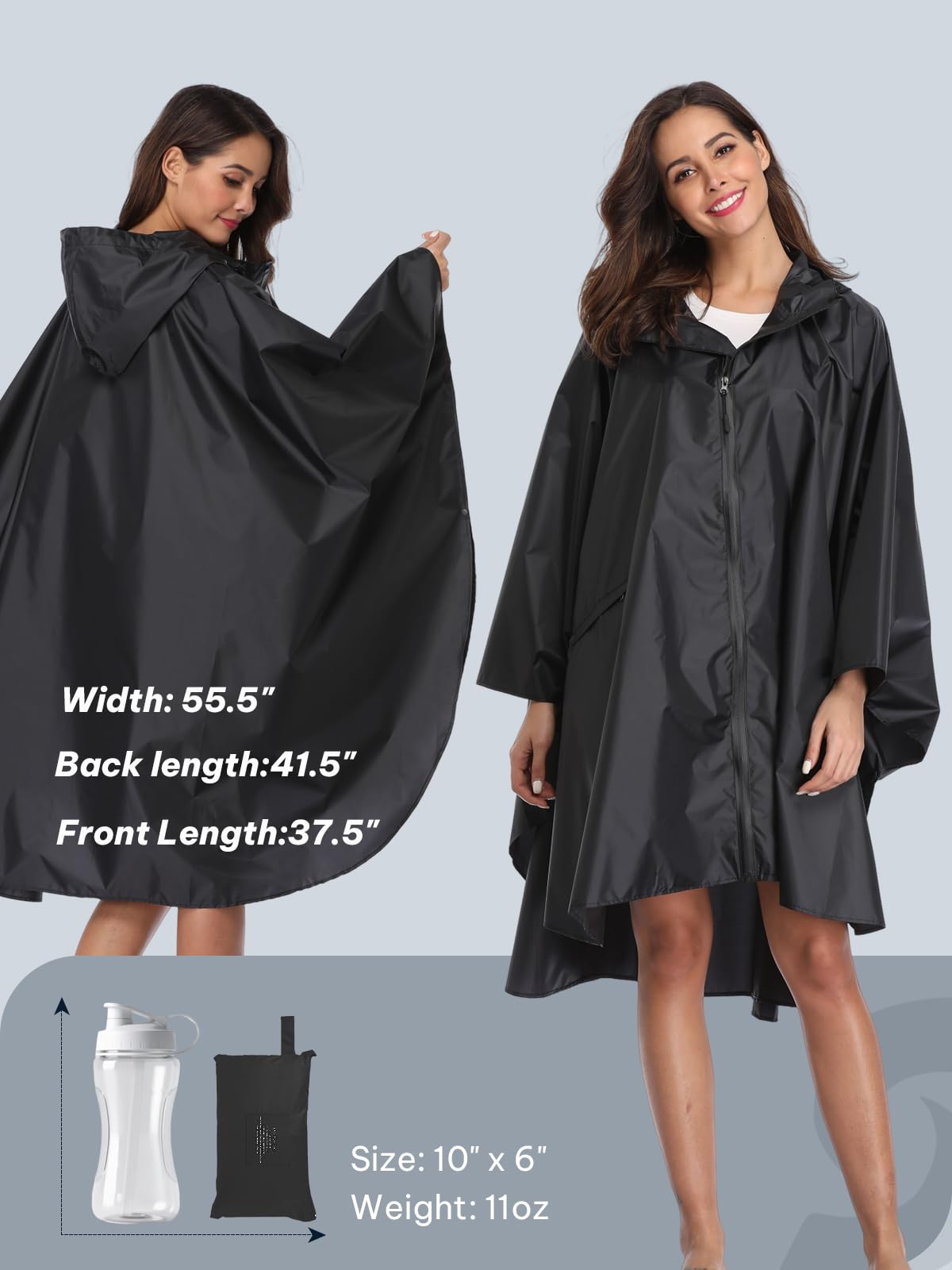 SaphiRose Hooded Rain Ponchos Outdoor Waterproof Raincoat Jacket for Adults with Zipper (Black)