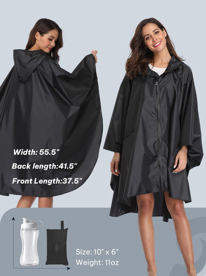SaphiRose Hooded Rain Ponchos Outdoor Waterproof Raincoat Jacket for Adults with Zipper (Black)