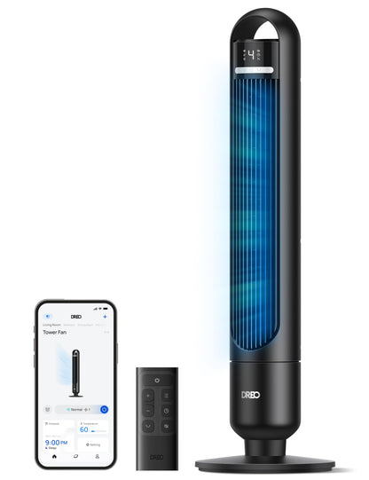DREO Smart Tower Fan for Bedroom, 90° Oscillating Standing Fans for Room with 4 Speeds, 4 Modes, 25dB Quiet for Sleep, 25ft/s Velocity, 8H Timer, Remote/App/Voice Control for Living Room, Office, Home