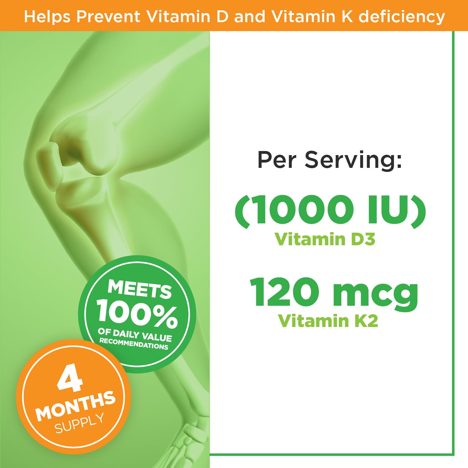 PlantVital High-Potency Vegan Vitamin D3 + K2 -Made in Canada - (1000IU /25 mcg + 120 mcg) for Bones, Teeth and Immune System - Patented MK7 Form - K2 D3 vitamin - 4 Months Supply - 120 Capsules. - Available at All In One Marketplace Canada