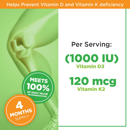 PlantVital High-Potency Vegan Vitamin D3 + K2 -Made in Canada - (1000IU /25 mcg + 120 mcg) for Bones, Teeth and Immune System - Patented MK7 Form - K2 D3 vitamin - 4 Months Supply - 120 Capsules. - Available at All In One Marketplace Canada