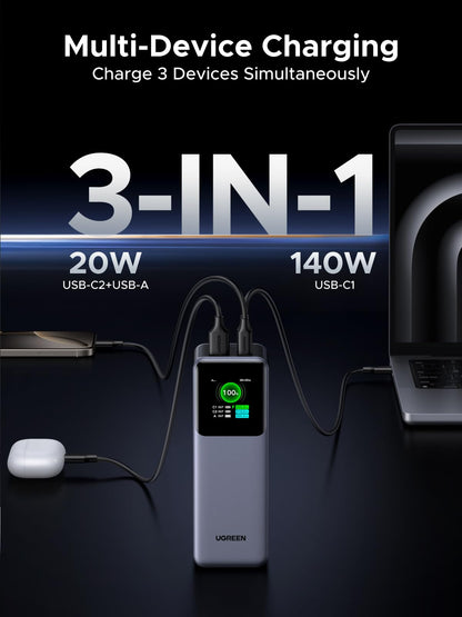 UGREEN Batterie externe, 25000 mAh 200 W, chargeur portable 3 ports, écran intelligent TFT, bloc-batterie, compatible avec iPhone 16/16 Plus/16 Pro/16 Pro Max, iPhone 15/14/13/12, MacBook, Dell, Galaxy S25 Ultra