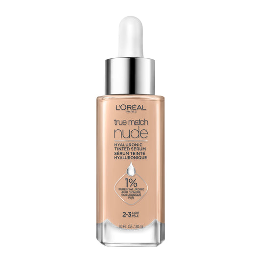 L’Oréal Paris True Match Nude Hyaluronic Foundation, Tinted Face Serum Foundation with Hyaluronic Acid for Lightweight Coverage and Instant Hydration, Radiant Finish - Light, 30 mL - Available at All In One Marketplace Canada