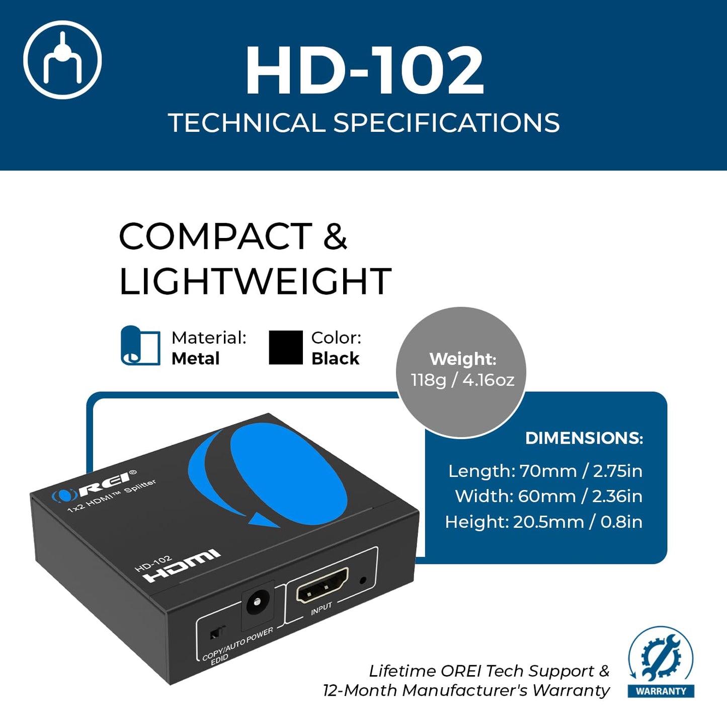 OREI HDMI Splitter 1 in 2 Out - 1x2 HDMI Splitter For TV Mirror Only - Not for Multi Monitors and HDCP Bypass, 1080P @ 60Hz & 4K @ 30Hz Resolutions – Powered HDMI splitter (HD-102) Orei