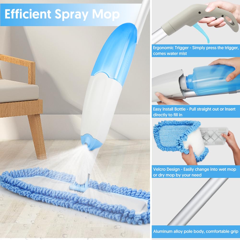 Tina&Tony Microfiber Spray Mop for Floor Cleaning, Hardwood Floor Spray Dry Wet Mop with 3 Reusable Refills Pads & 435ML Refillable Bottle, Kitchen Dust Mop for Hardwood Laminate Tile Floors, Blue - Available at All In One Marketplace Canada