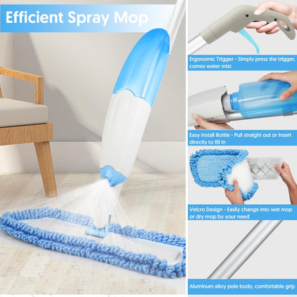 Tina&Tony Microfiber Spray Mop for Floor Cleaning, Hardwood Floor Spray Dry Wet Mop with 3 Reusable Refills Pads & 435ML Refillable Bottle, Kitchen Dust Mop for Hardwood Laminate Tile Floors, Blue - Available at All In One Marketplace Canada