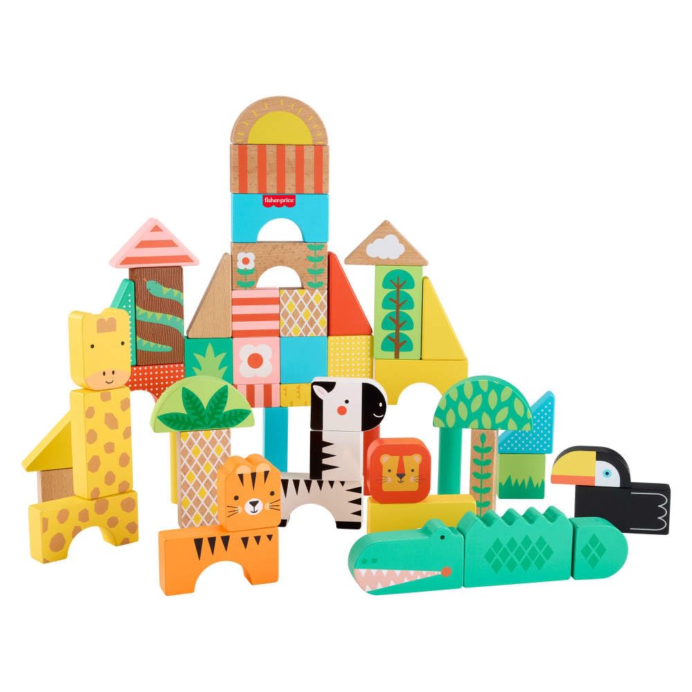 Fisher-Price Wood Toddler Toy Jungle Blocks, 50-Piece Wooden Animal Building Set for Preschool Pretend Play Kids Ages 2+ Years Fisher-Price