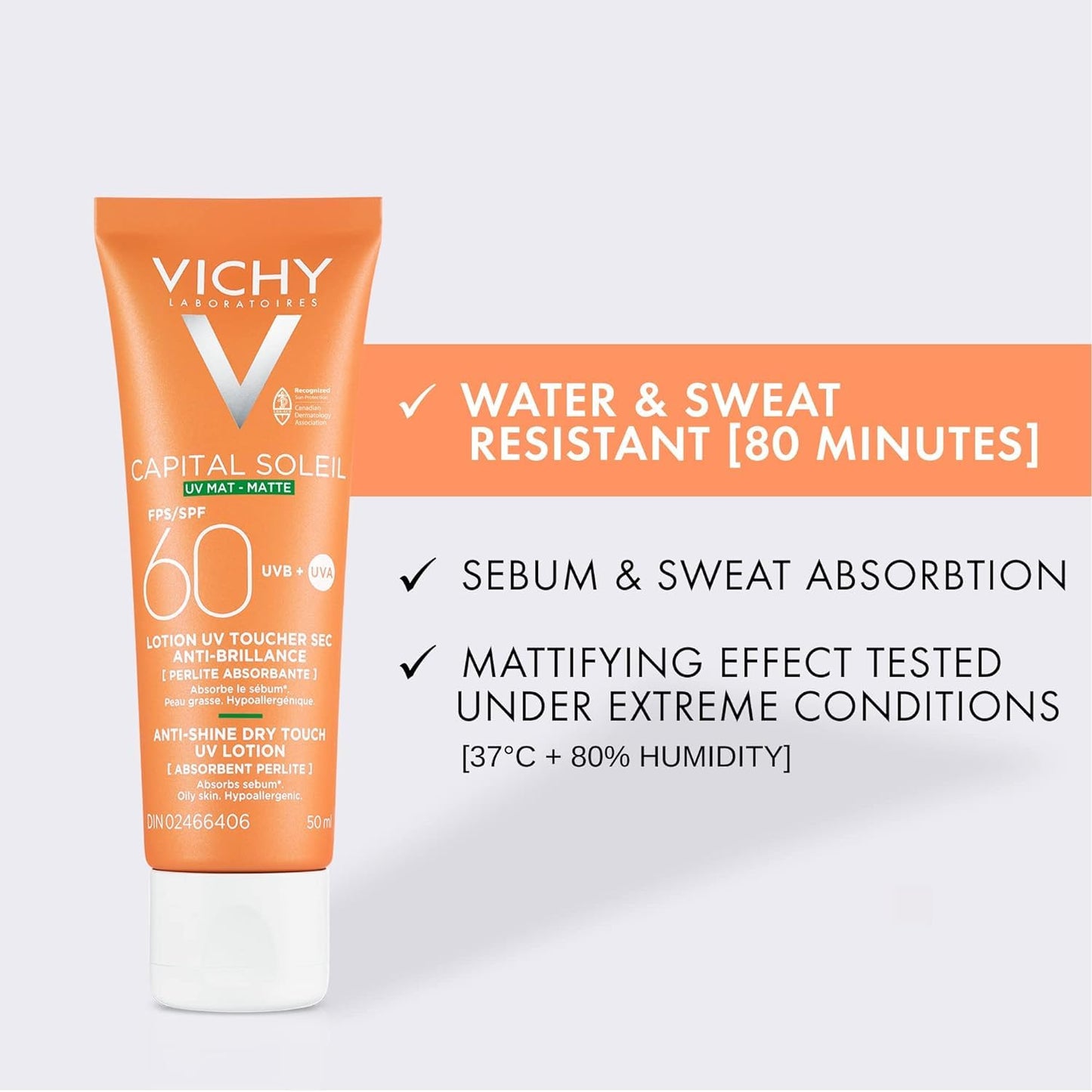 Vichy Face Sunscreen SPF 60, Capital Soleil Matte Finish, Dry Touch SPF Lotion for Face, Non-Greasy, Non-Comedogenic, No White Cast, Fragrance-Free, Hypoallergenic, Travel Size Sunscreen, 50mL - Available at All In One Marketplace Canada