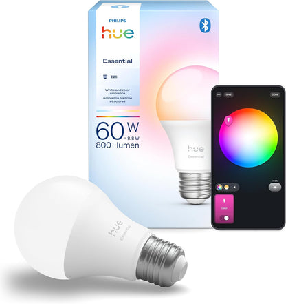 Philips Hue Essential Smart LED A19 Bulb, White and Color Ambiance, E26 Base, 8.8W, 2200K-6500K, 800 Lumens, Dimmable, Works with Alexa, Google Assistant, and Apple Home, 1 Pack 🍁 All In One Marketplace Canada