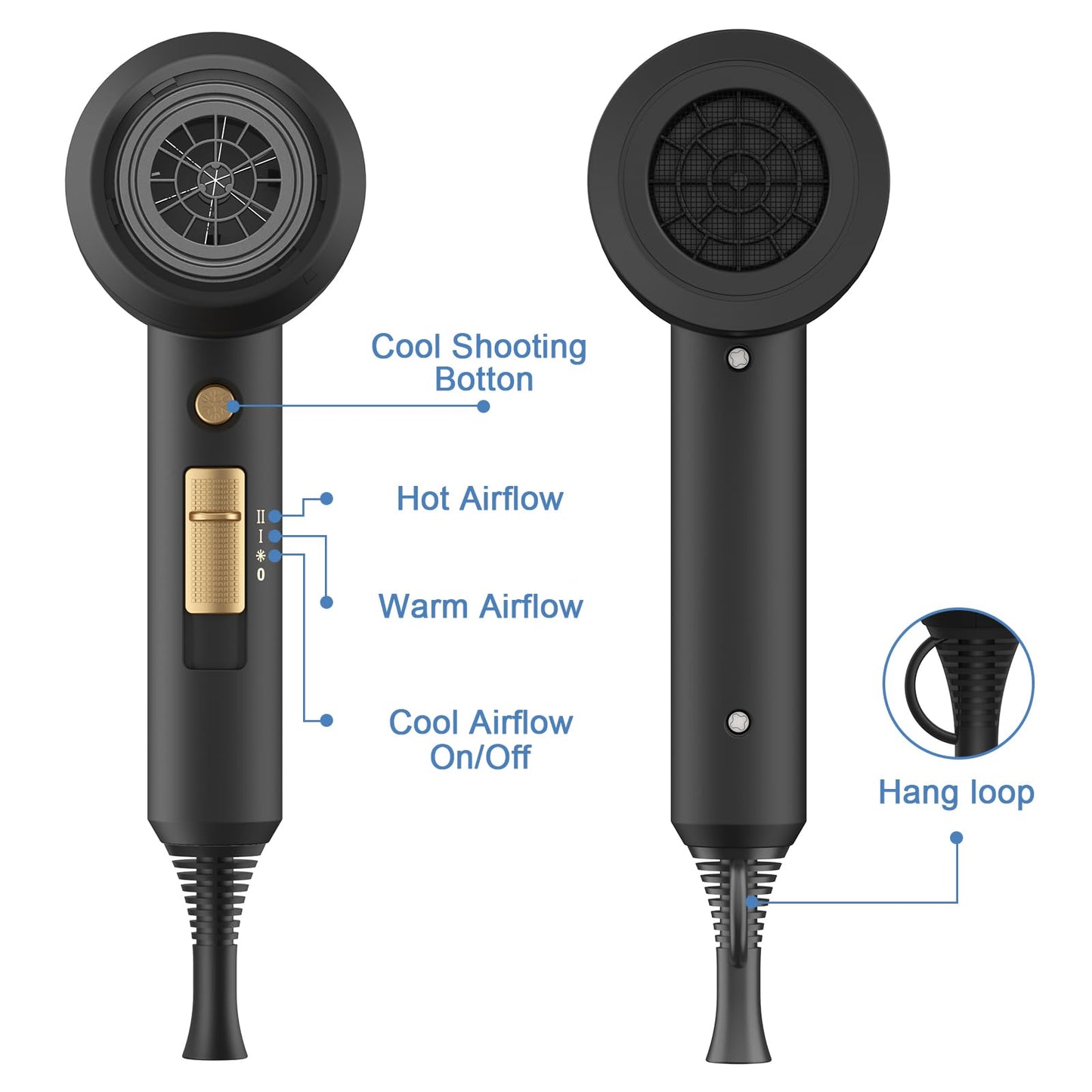 Slopehill Professional Ionic Hair Dryer, Powerful 1800W Fast Drying Low Noise Blow Dryer with 2 Concentrator Nozzle 1 Diffuser Attachments for Home Salon Travel (Black)
