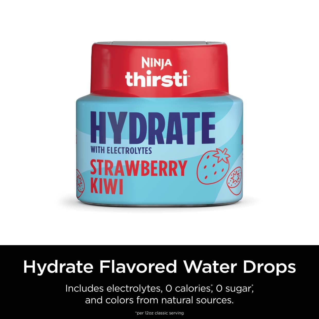 Ninja Thirsti HYDRATE Strawberry Kiwi Flavoured Water Drops with electrolytes and contain 0 calories*, 0 sugar* (*per 12oz classic serving). . Turn water into refreshing fruit-flavoured sparkling or still drinks with Ninja Thirsti Hydrate Flavoured Water Ninja