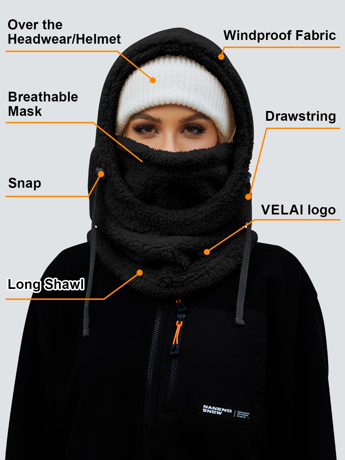 VELAI Balaclava Fleece Ski Mask for Men Women Winter Face Masks Windproof Hooded Scarf Cold Weather Hat Neck Warmer, Black, One Size 🍁 All In One Marketplace Canada