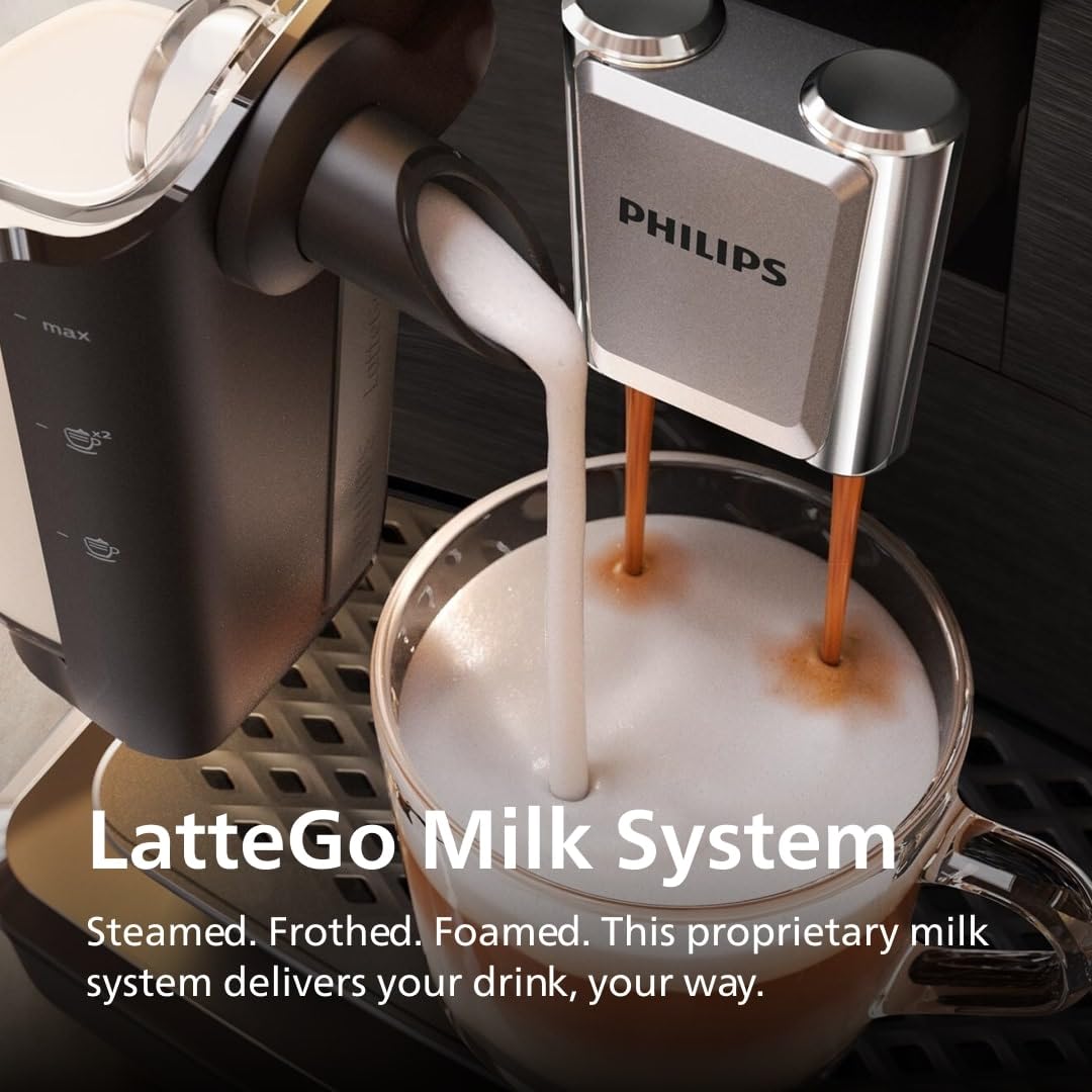 PHILIPS 3300 Series Fully Automatic Espresso Machine with LatteGo Milk System and integrated grinder, 6 Hot & Iced Coffee Pre-Sets, 40% Quieter SilentBrew, 15-Bar Pressure, Glossy Black (EP3341/50) PHILIPS