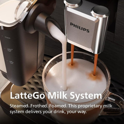 PHILIPS 3300 Series Fully Automatic Espresso Machine with LatteGo Milk System and integrated grinder, 6 Hot & Iced Coffee Pre-Sets, 40% Quieter SilentBrew, 15-Bar Pressure, Glossy Black (EP3341/50) PHILIPS