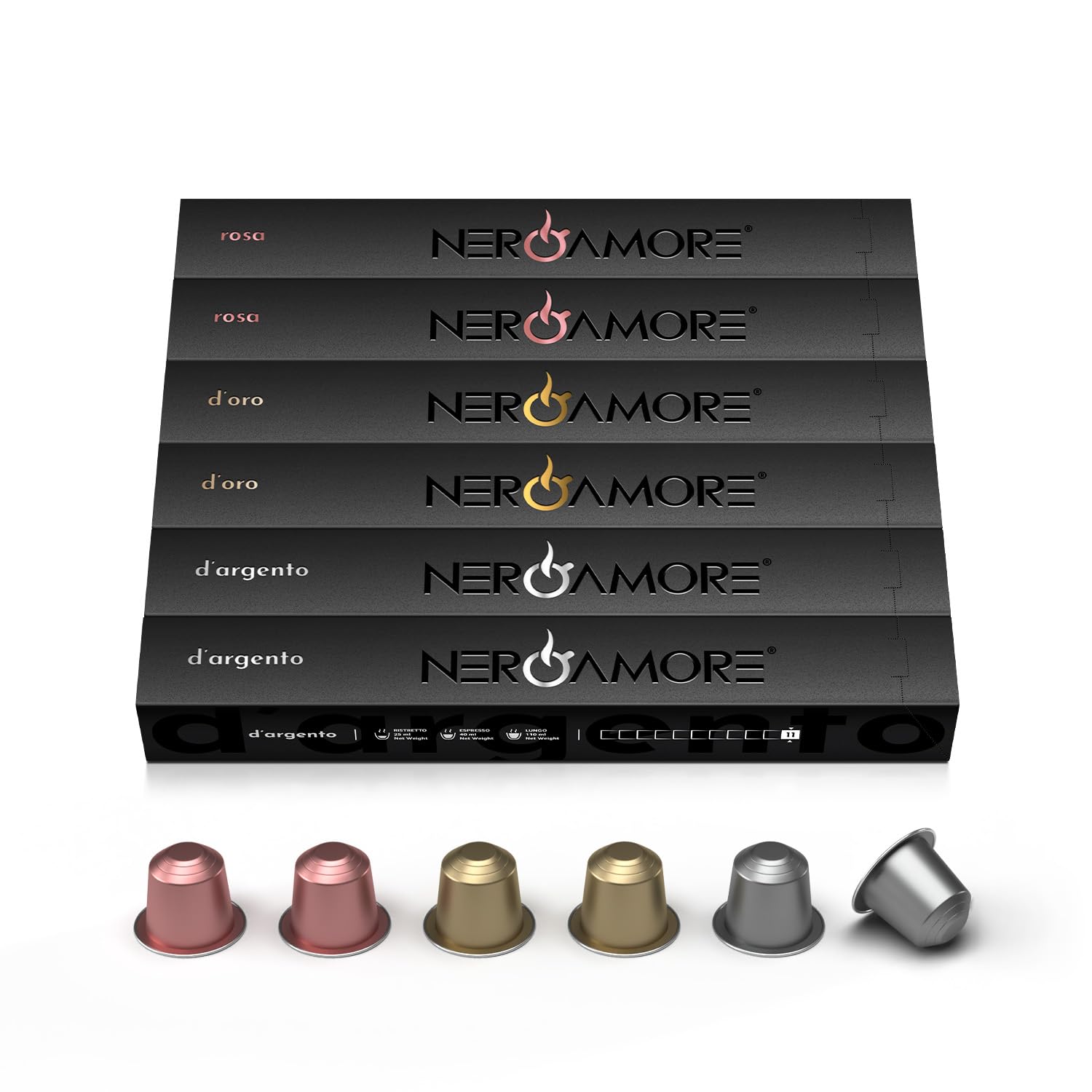 NERO AMORE Espresso Capsule Collection - 60 Nespresso-Compatible Pods with Rosa, D'Oro & D'Argento Varieties