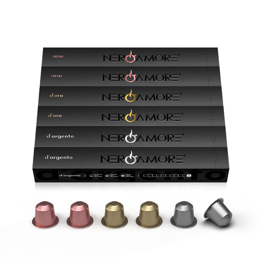 NERO AMORE Espresso Capsule Collection - 60 Nespresso-Compatible Pods with Rosa, D'Oro & D'Argento Varieties