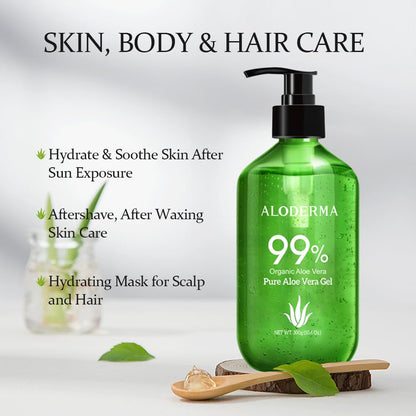 Aloderma 99% Organic Aloe Vera Gel for Skin Made within 12 Hours of Harvest, Non-Sticky Aloe Vera Gel for Sunburn Relief, Natural, Soothing Hydrating Aloe Vera for Face & Hair, Lightweight Gel, 10.6oz - Available at All In One Marketplace Canada