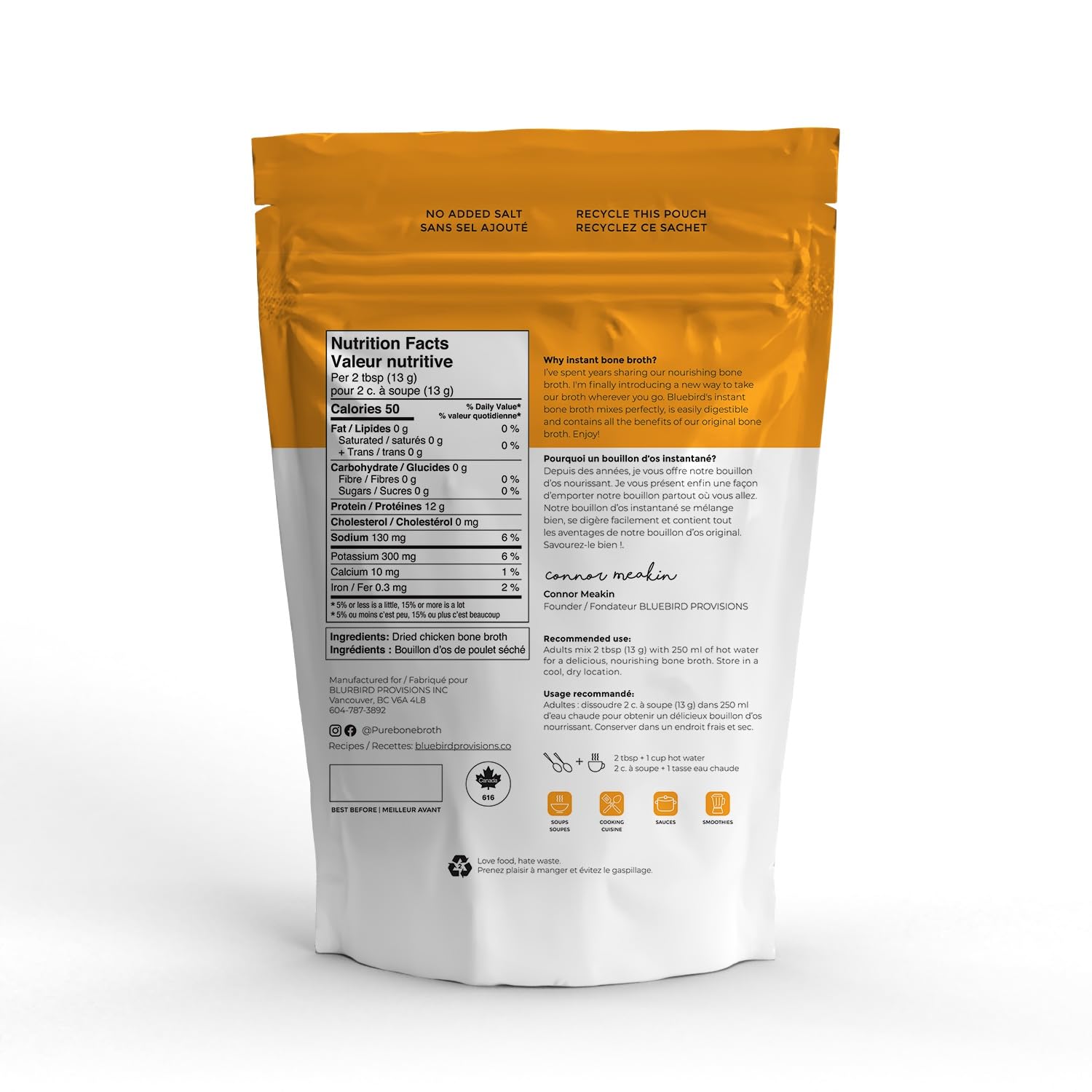 Bluebird Provisions Chicken Bone Broth Powder - Canadian-Made Chicken Bouillon with 12g Protein per Serving - Low Sodium Bone Broth Concentrate for Cooking & Sipping