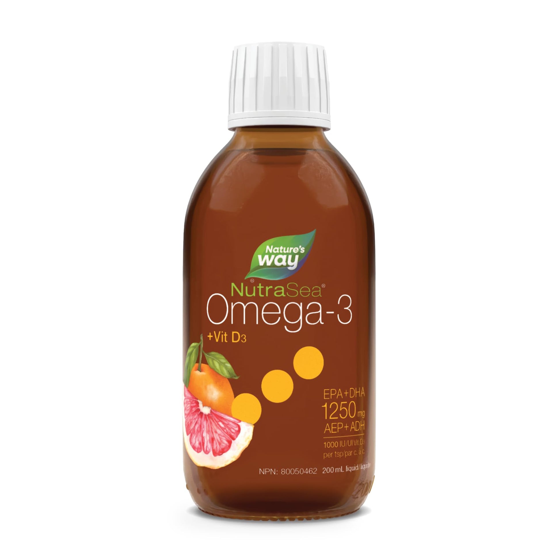 Nature's Way NutraSea Omega 3 + Vitamin D Fish Oil Liquid Supplement – Grapefruit Tangerine Flavour – 1250mg EPA & DHA + 1000IU D3, 200 mL Nature's Way