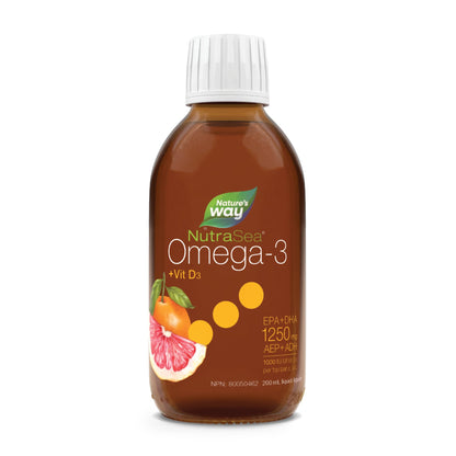 Nature's Way NutraSea Omega 3 + Vitamin D Fish Oil Liquid Supplement – Grapefruit Tangerine Flavour – 1250mg EPA & DHA + 1000IU D3, 200 mL Nature's Way