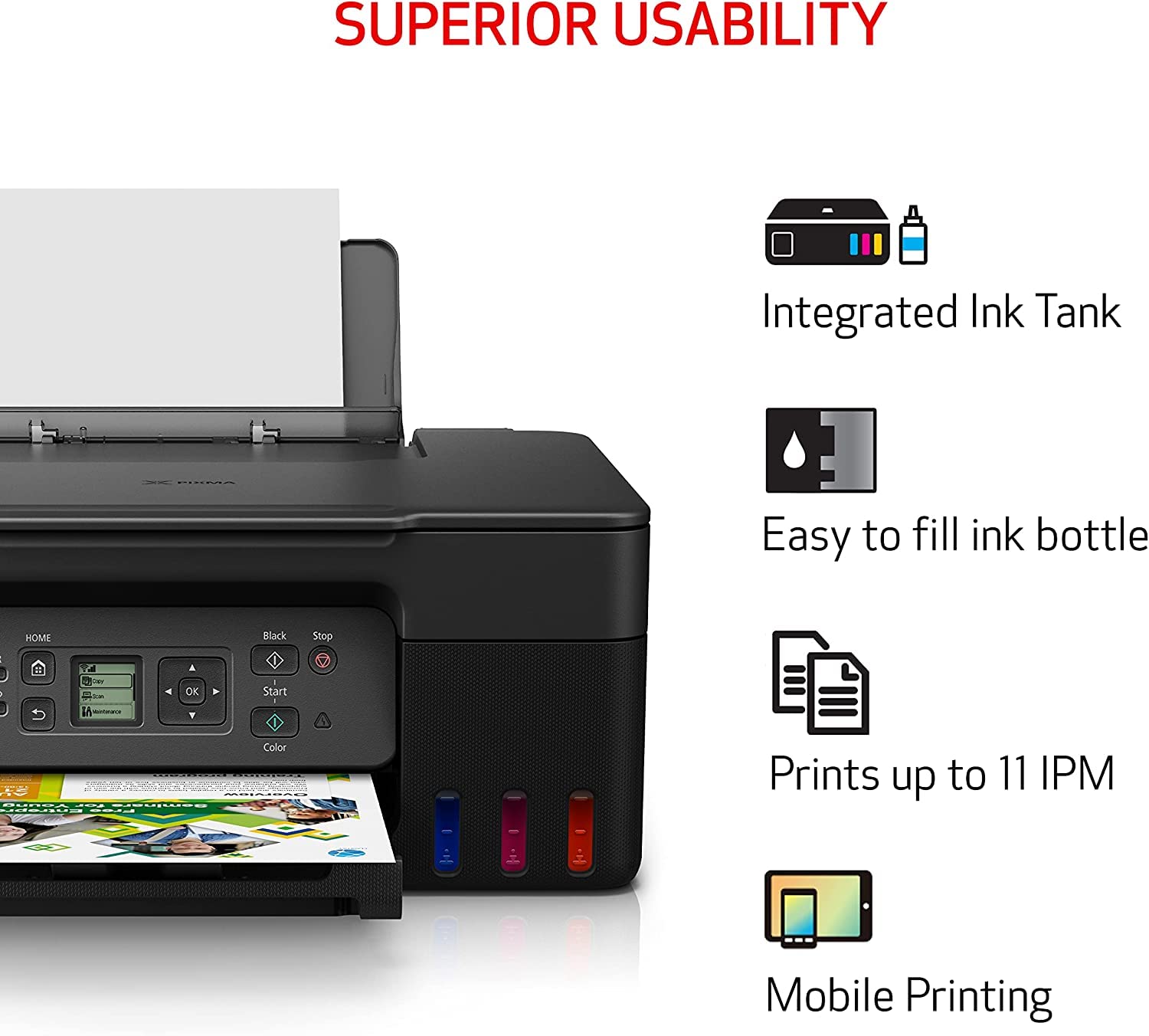 Canon PIXMA G3270 - MegaTank Ink Tank Wireless Printer, Colour All-in-One, Printer, Scanner, Copier, Mobile Friendly, Black