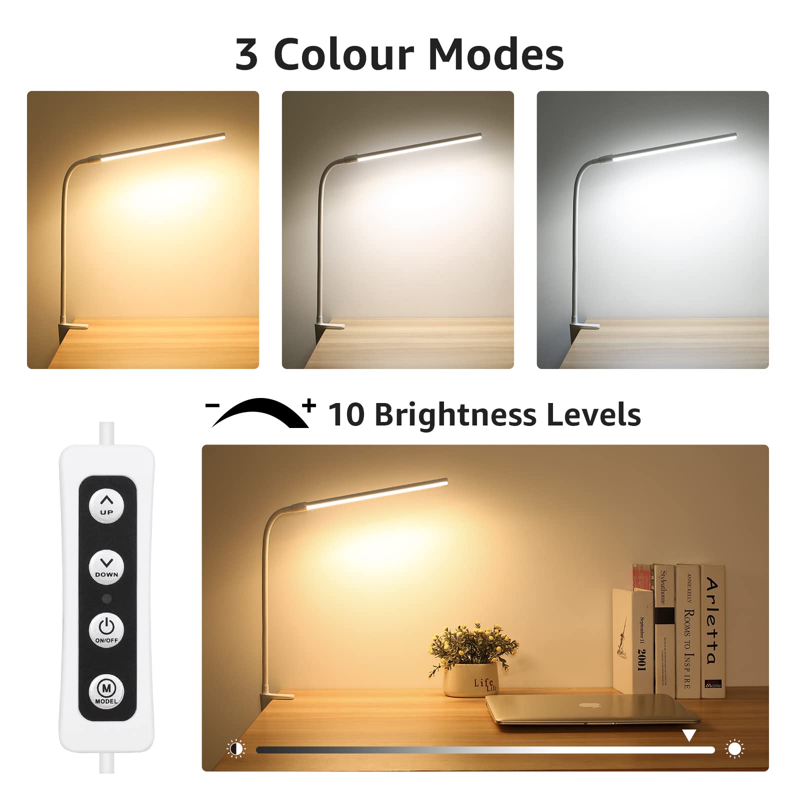 Lepro LED Desk Lamp with Clamp, USB Powered Clip on Light for Reading, 3 Color Modes & 10 Brightness, Eye-Caring Flicker-Free Task Light for Home Office, Bedside, Fits up to 1.97in Thick Desk, White - Available at All In One Marketplace Canada