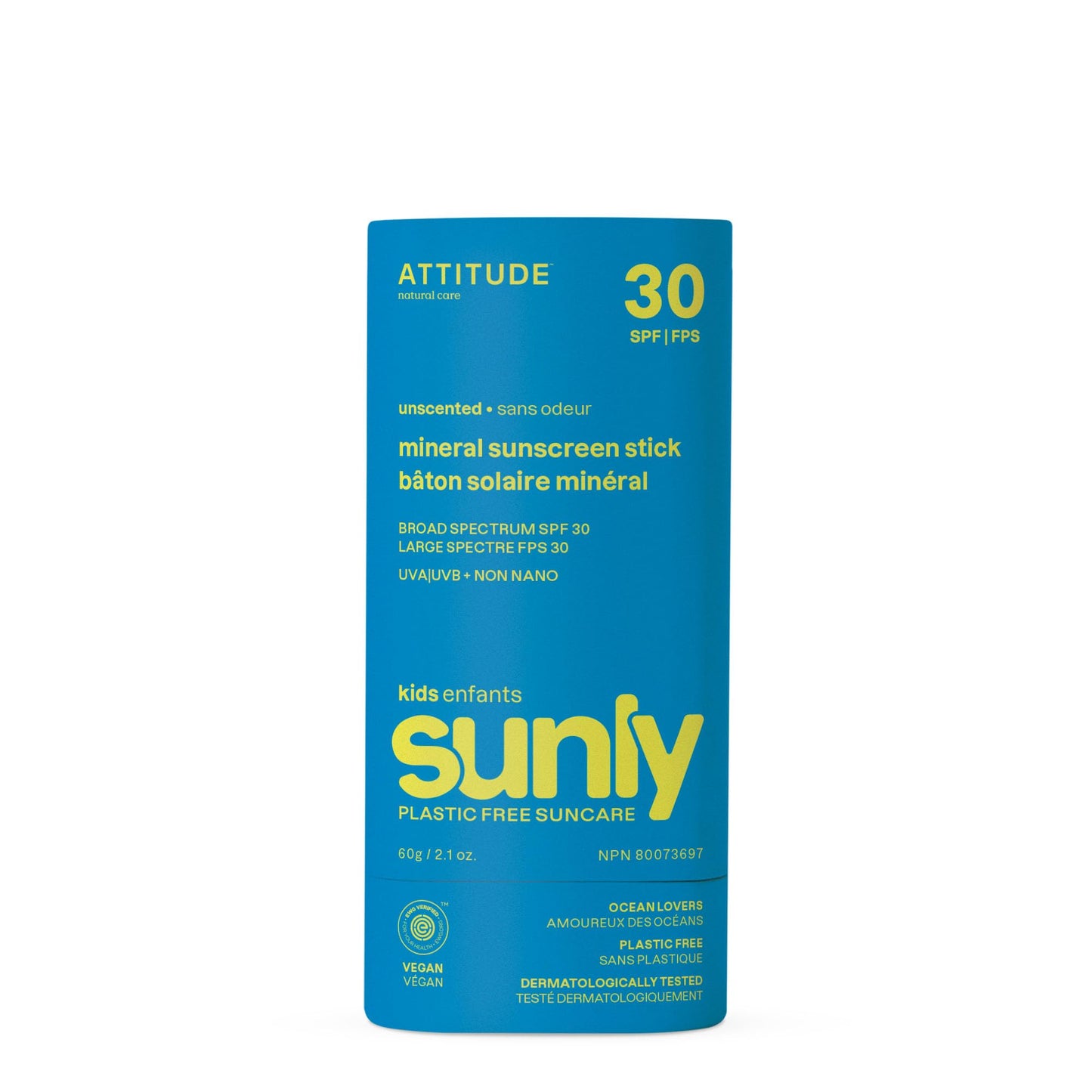 ATTITUDE Mineral Sunscreen Stick for Kids, SPF 30, Made in Canada, EWG Verified,Plastic-Free, Broad Spectrum UVA/UVB Protection with Zinc Oxide, Dermatologically Tested, Vegan, Unscented, 60 grams ATTITUDE