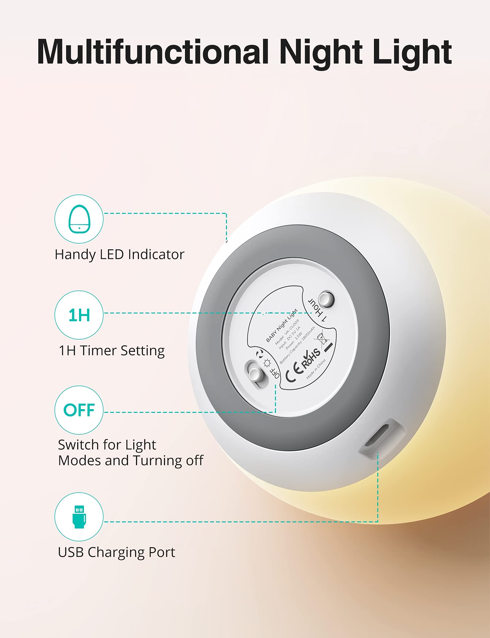 JolyWell Night Lights for Kids, Rechargeable Baby Night Light with Color Changing Mode & Dimming Function, Touch Control, 1 Hour Timer, Nursery Baby Lamp - Available at All In One Marketplace Canada