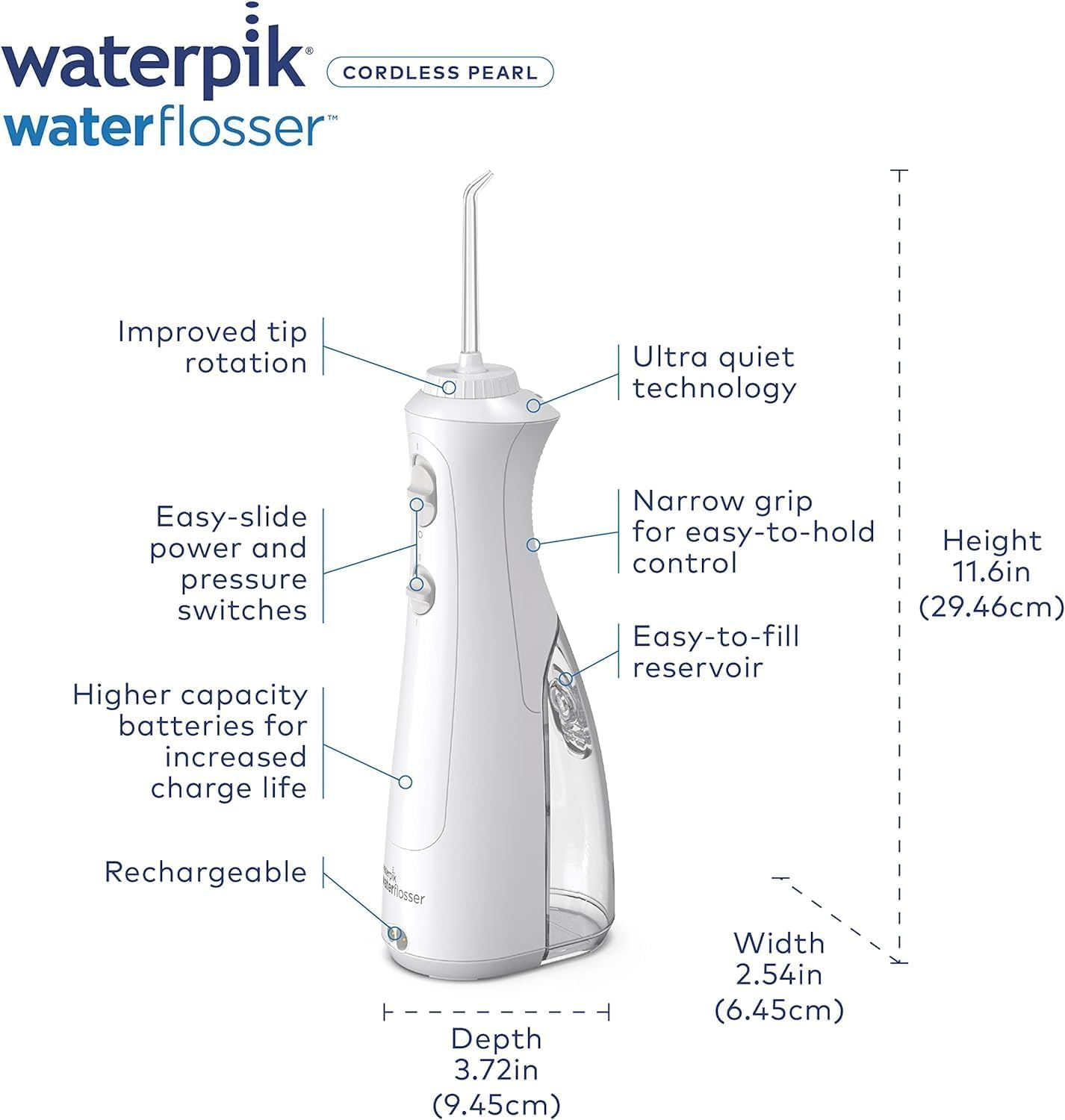 Waterpik Cordless Pearl Rechargeable Portable Water Flosser for Teeth, Gums, Braces Care and Travel with 4 Flossing Tips - CDA Validated, WF-13 White, Packaging May Vary - Available at All In One Marketplace Canada
