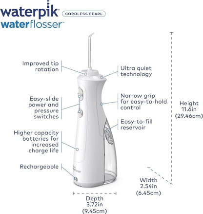 Waterpik Cordless Pearl Rechargeable Portable Water Flosser for Teeth, Gums, Braces Care and Travel with 4 Flossing Tips - CDA Validated, WF-13 White, Packaging May Vary - Available at All In One Marketplace Canada