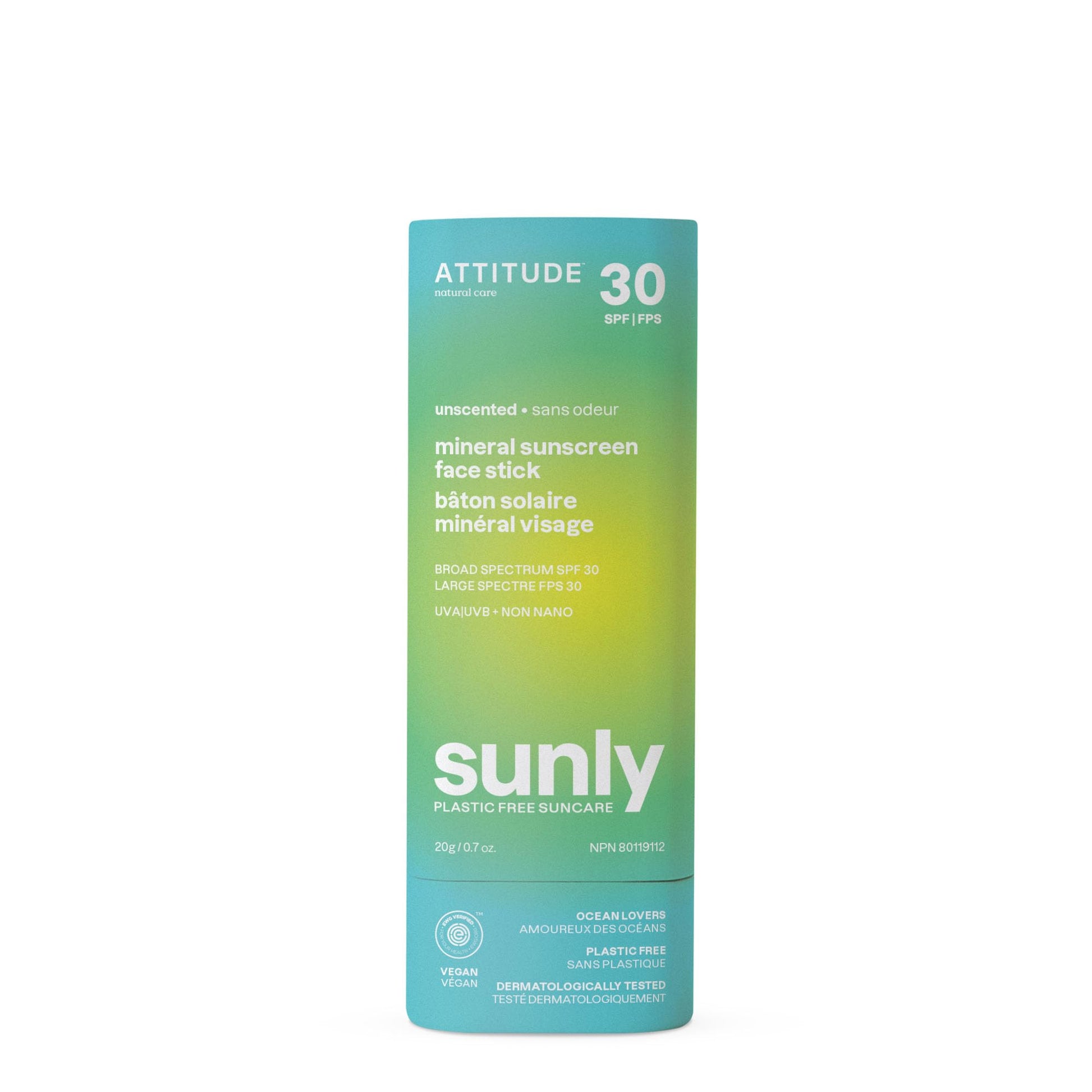 ATTITUDE Mineral Face Sunscreen Stick with Zinc Oxide, SPF 30, Made in Canada, EWG Verified,Plastic-Free, Broad Spectrum UVA/UVB Protection, Dermatologically Tested, Vegan, Unscented, 20 grams ATTITUDE