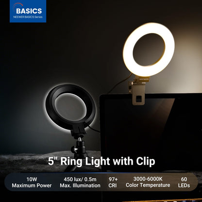 NEEWER Basics BR60 5" Ring Light for Video Conference Lighting, Clip