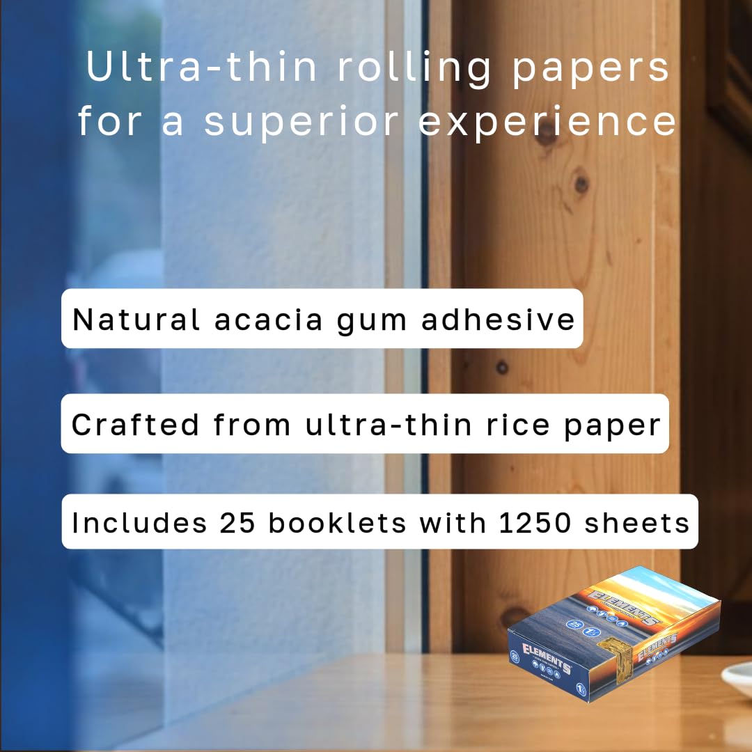 Elements 1 1/4 Size Ultra Thin Rice Rolling Paper - 25 Booklets, 1250 Sheets