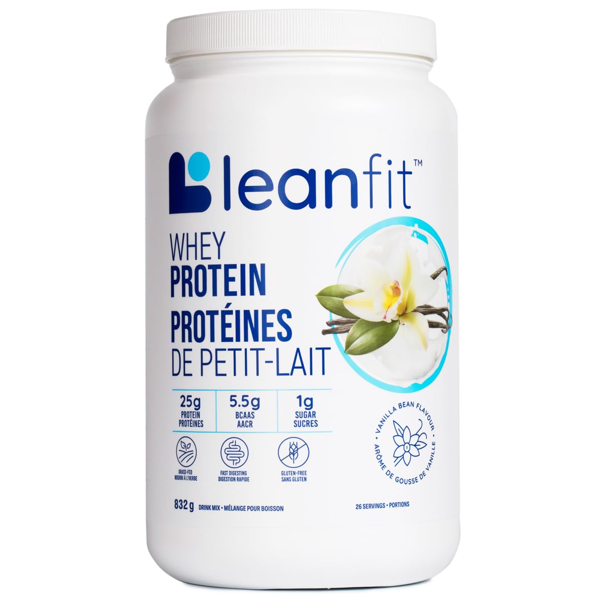 LeanFit Natural Vanilla Whey Protein Powder – 25g Protein Per Serving, Grass-Fed, Gluten-Free with BCAAs – 26 Servings (832g)