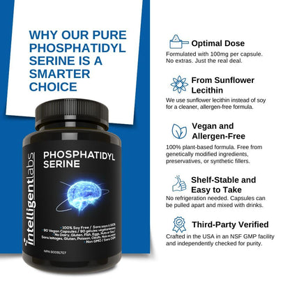 Intelligent Labs Phosphatidylserine Supplement 100mg | 90 High Strength Capsules | 100% Soy and Allergen Free | Pure Phosphatidylserine from Sunflower Lecithin - Available at All In One Marketplace Canada