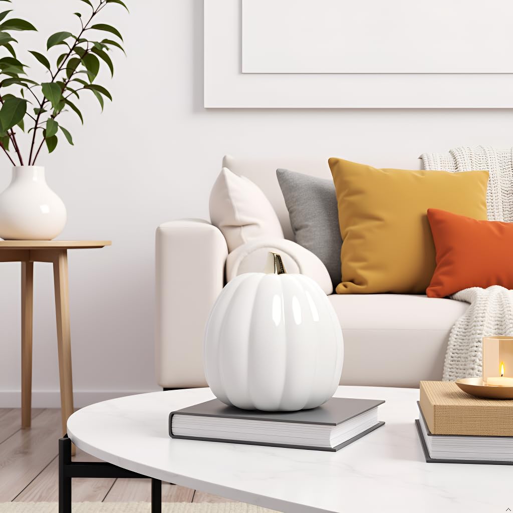 Citrouille en céramique blanche Pearhead, décoration d'automne pour la maison, décoration de fête moderne, décorations d'Halloween tendance, blanc, petit