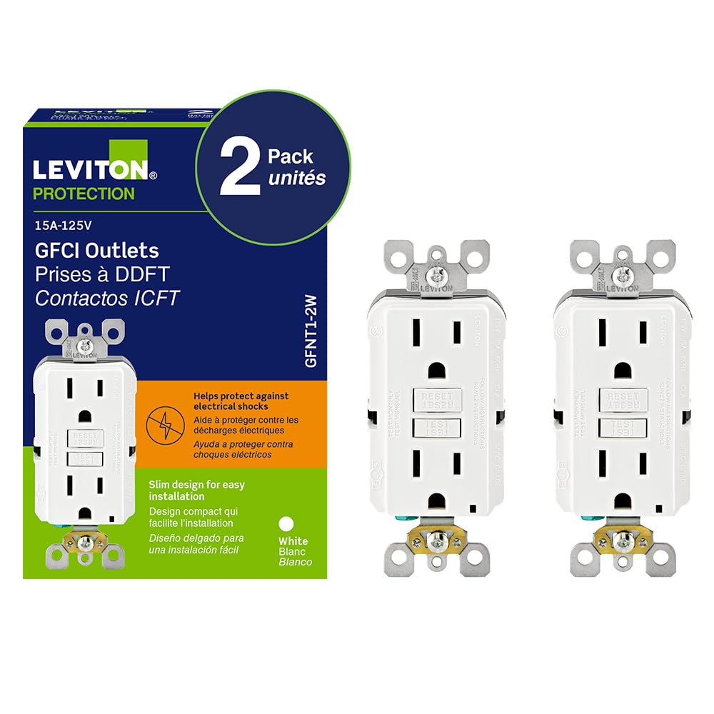 Leviton GFCI 2-Pack, 15 Amp Non Tamper Resistant Receptacle, Smartlock Pro Duplex, GFNT1-02W, White Leviton