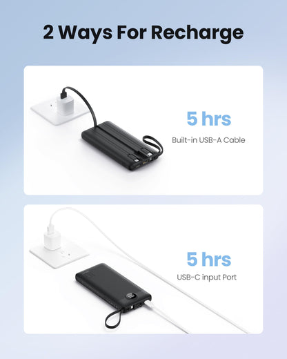 Coowisty Slim Power Bank 10000mAh, Portable Charger Built in 4 Cables
