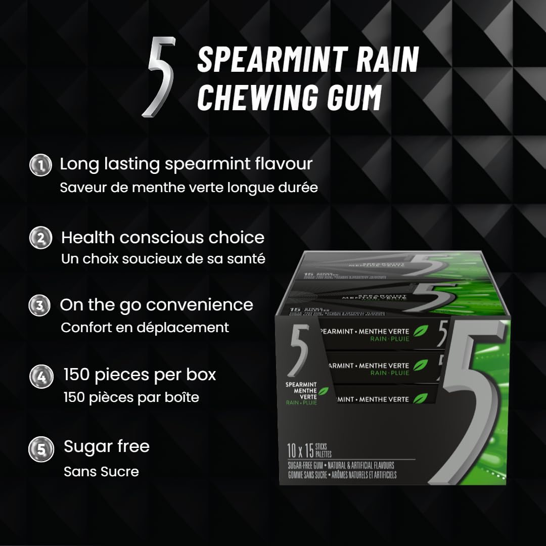 5 GUM, Spearmint-Rain Flavoured Sugar Free Chewing Gum, 15 Sticks, 10 Packs - Available at All In One Marketplace Canada